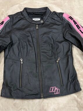 Harley-Davidson Women’s Small Black Leather Jacket with Pink Accents